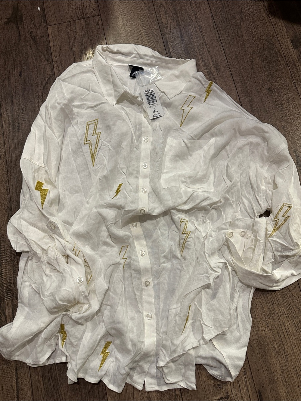 torrid White Button-Down Shirt with Gold Lightning Embroidery